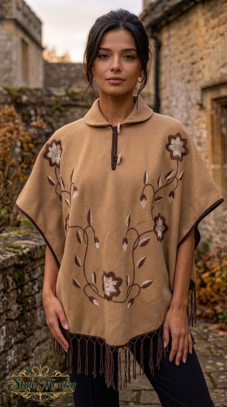 Vintage Alpine Wool Poncho O/S Tan Embroidered Floral Fringe